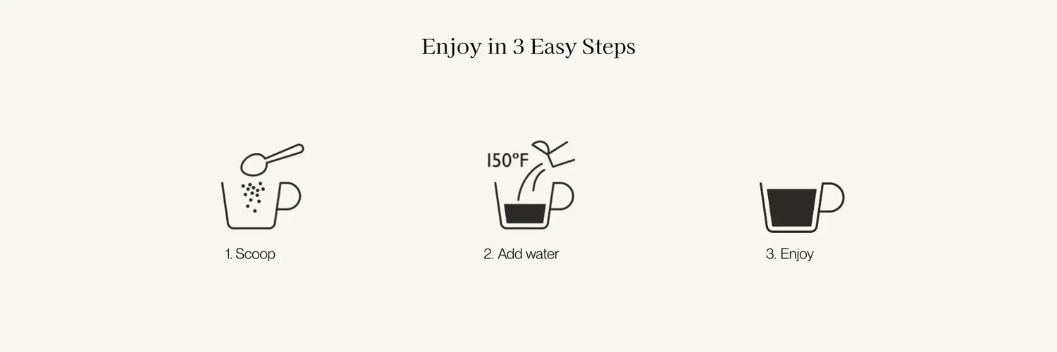 Graphic showing it's easy to use. First, scoop instant. Second, add water. Third, enjoy.