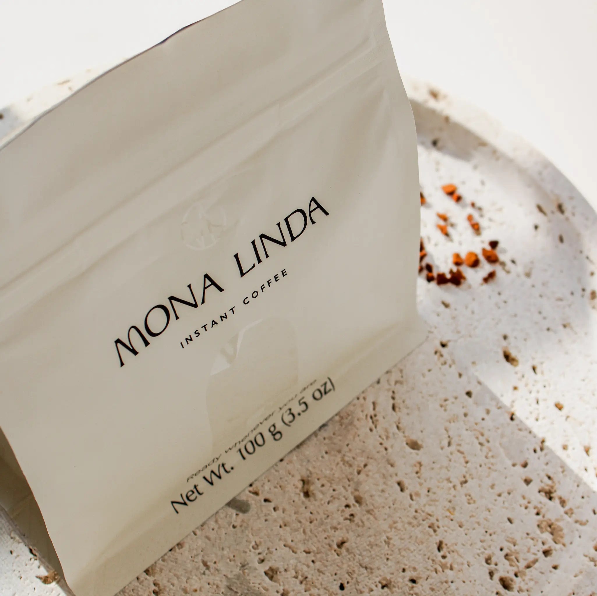 Minimalist bag of Mona Linda Instant Coffee—best instant coffee for a smooth instant espresso and instant iced coffee.