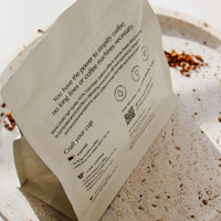 Back of Mona Linda Instant Coffee bag with instructions for instant espresso, instant iced coffee, and instant coffee.